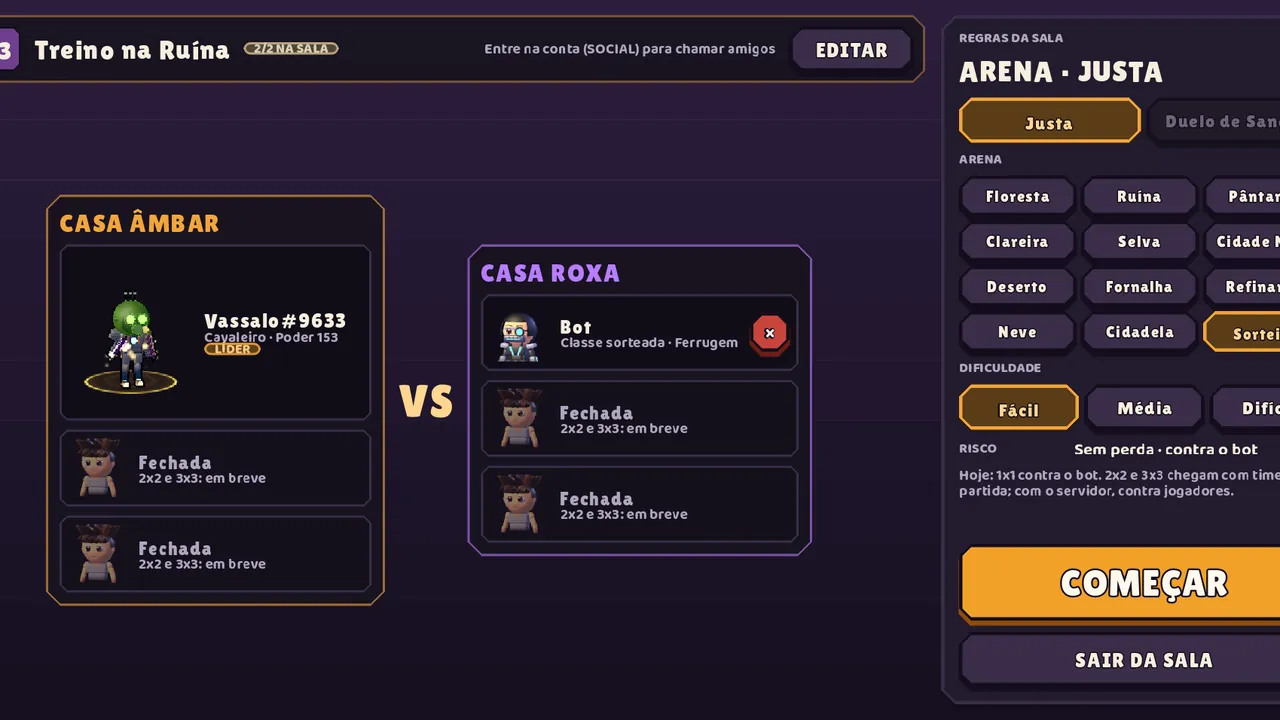Sala da Arena: Casa Âmbar contra Casa Roxa, com a escolha da arena e da dificuldade.